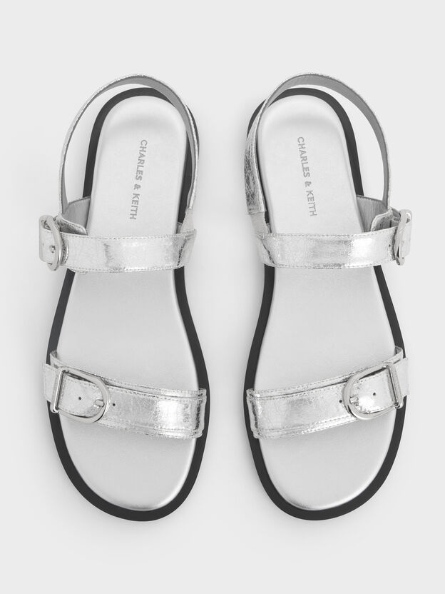 Metallic Double-Strap Slingback Sandals, Silver, hi-res