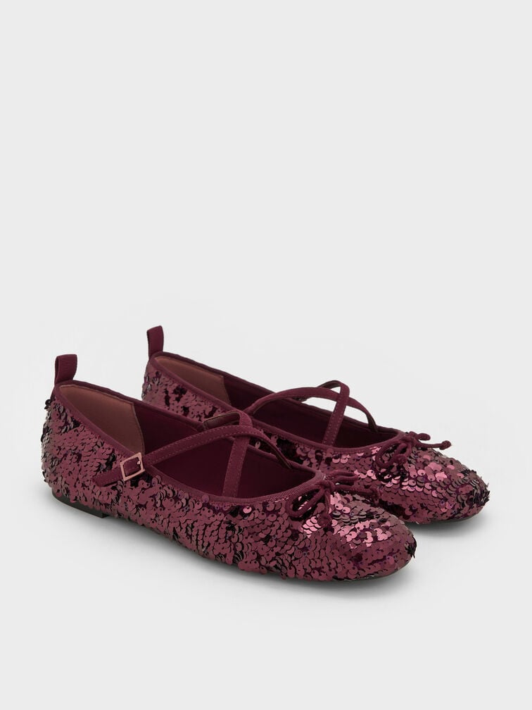 Sequinned Crossover Mary Jane Flats, Burgundy, hi-res