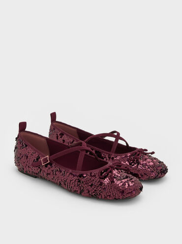 Sequinned Crossover Mary Jane Flats, Burgundy, hi-res