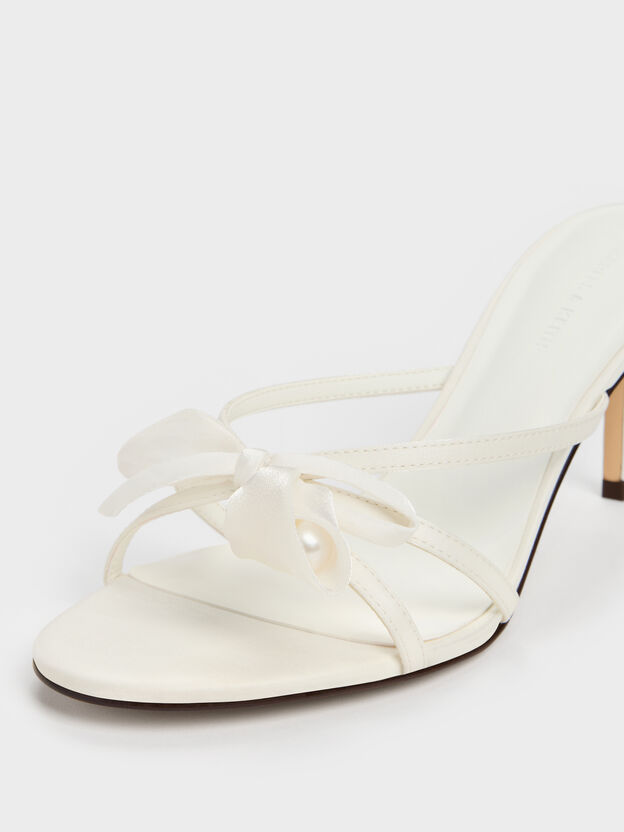 Bow Flower-Pearl Heeled Mules, White, hi-res