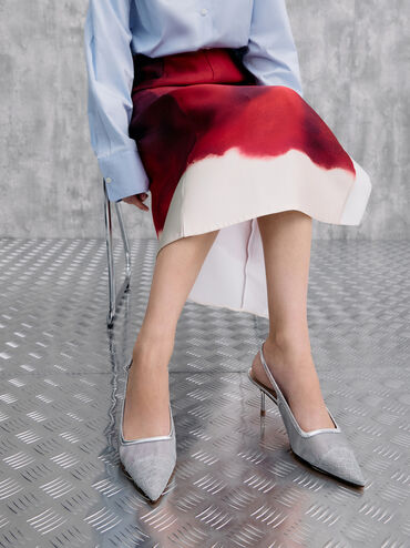 Mesh & Lace Pointed-Toe Slingback Pumps, Silver, hi-res