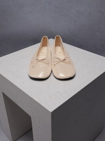 Sequin Mesh & Leather Bow Ballet Flats, Nude, hi-res