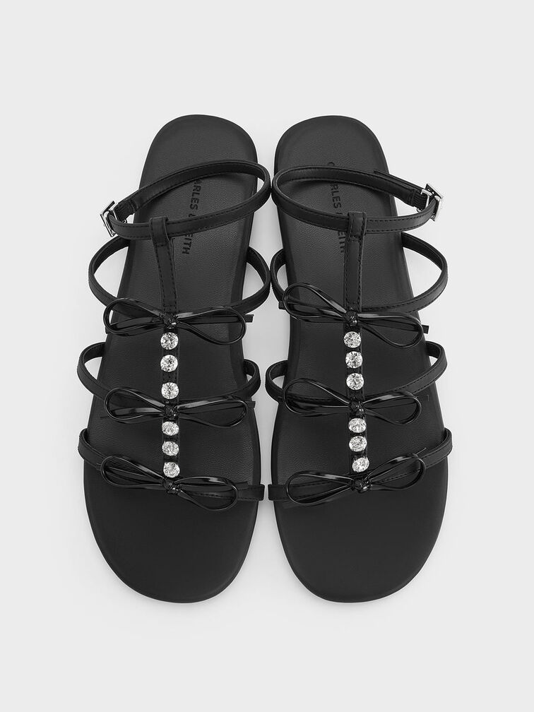 Gem-Embellished Bow T-Bar Sandals, Black, hi-res