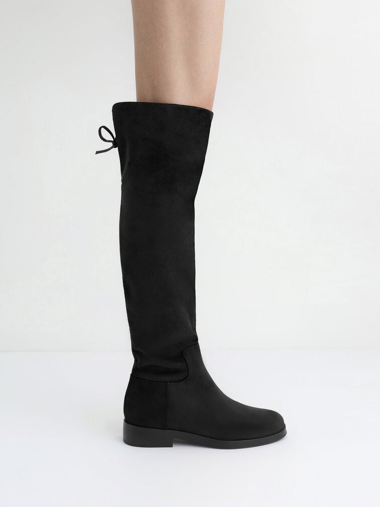 Faux Suede Fold-Over Back-Tie Thigh-High Boots, Black Textured, hi-res