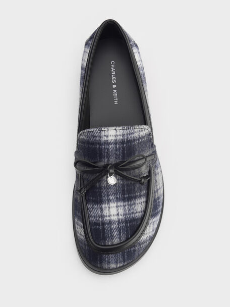 Checkered Circle-Charm Bow Loafers, Dark Grey, hi-res