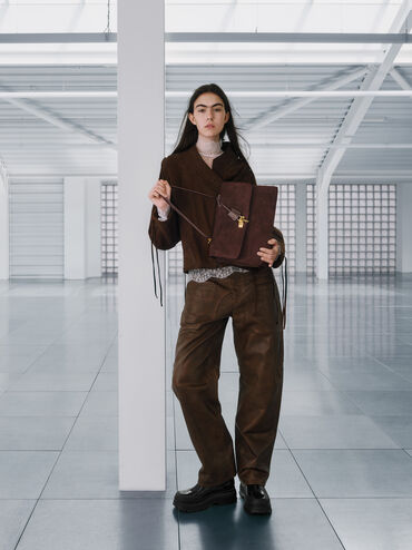 Kerry Recycled Suede Top Handle Satchel Bag, Espresso Brown, hi-res