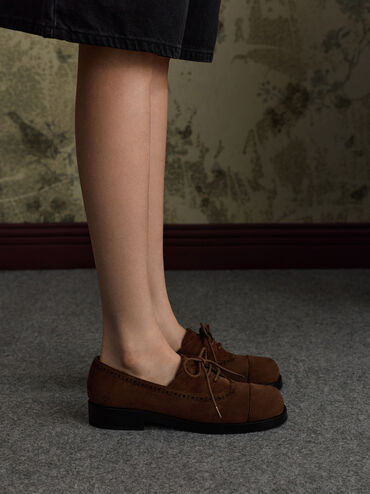 Faux Suede Brogue Derbys, Dark Brown Textured, hi-res