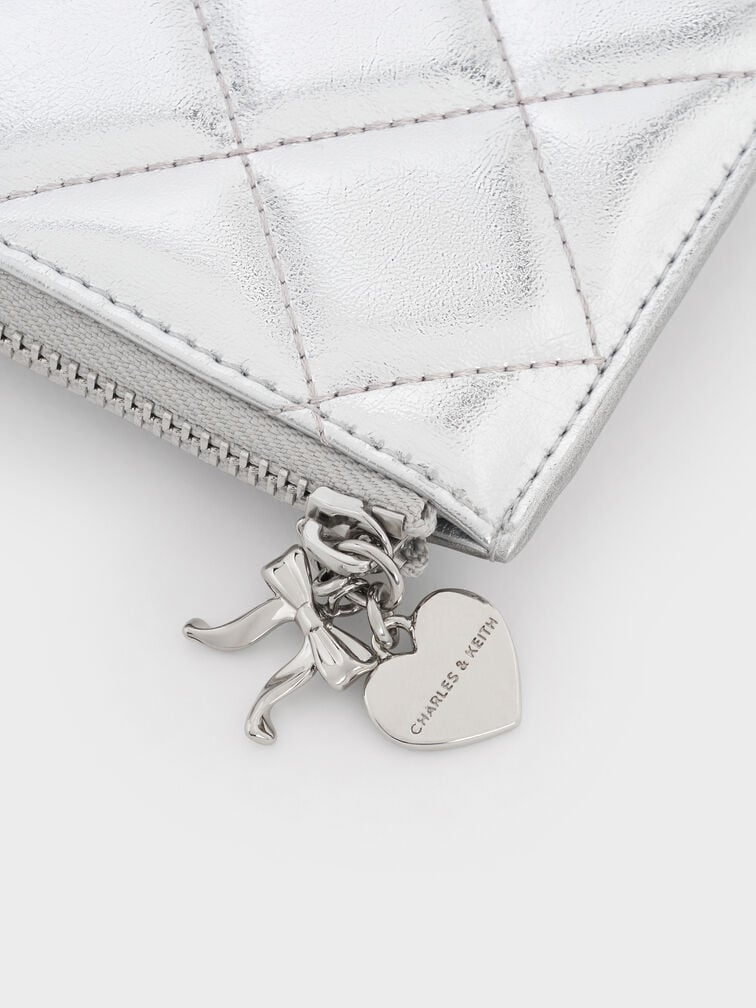 Arrietty Metallic Quilted Bow-Heart Charm Zip-Around Wallet, Silver, hi-res