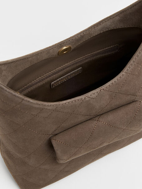 Duo Quilted Front-Pocket Chain Hobo Bag, Stone Grey, hi-res