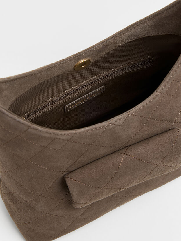 Duo Quilted Front-Pocket Chain Hobo Bag, Stone Grey, hi-res