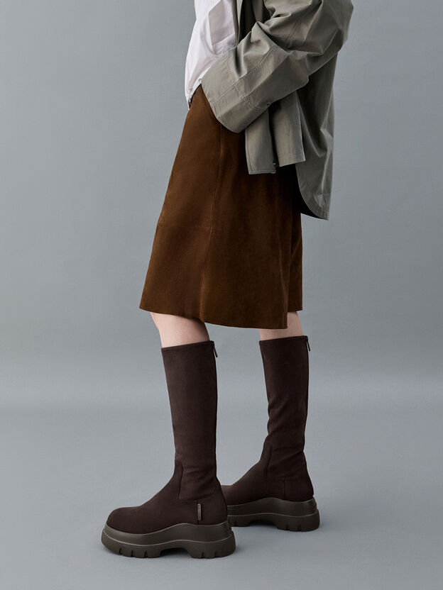Leoi Faux Suede Chunky Knee-High Boots, Dark Brown Textured, hi-res