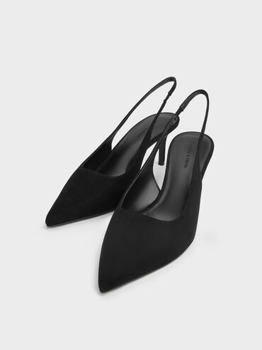 Kaia Faux Suede Pointed-Toe Slingback Pumps, Black Textured, hi-res