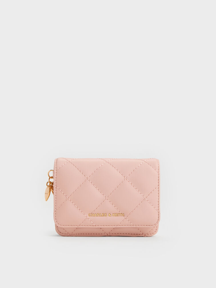 Arrietty Quilted Bow-Heart Charm Small Wallet, Light Pink, hi-res