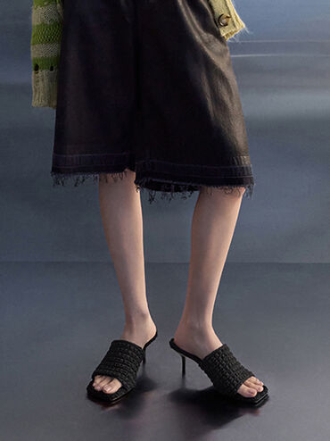 Loren Textured Kitten-Heel Mules, Black Textured, hi-res