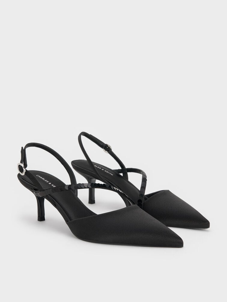 Briella Sequinned Slingback Pumps, Black Textured, hi-res