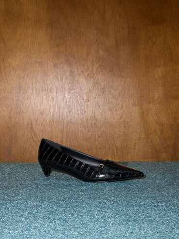 Croc-Effect Buckled Pointed-Toe Kitten-Heel Pumps, Animal Print Black, hi-res