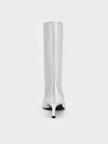 Metallic Elongated Tapered-Toe Kitten-Heel Calf Boots, Silver, hi-res