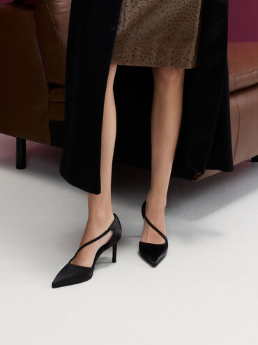 Satin Asymmetric-Strap D’Orsay Stiletto Pumps, Black Textured, hi-res