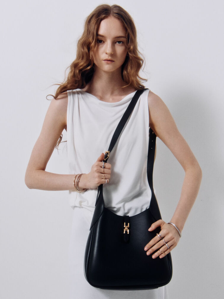 Adalyn Metallic-Buckle Belted Hobo Bag, Black, hi-res