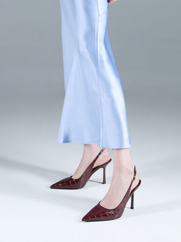 Croc-Effect Pointed-Toe Slingback Pumps, Animal Print Burgundy, hi-res