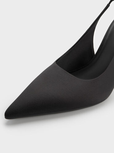 Satin Crystal-Embellished Ball-Heel Pointed-Toe Slingback Pumps, Black Textured, hi-res
