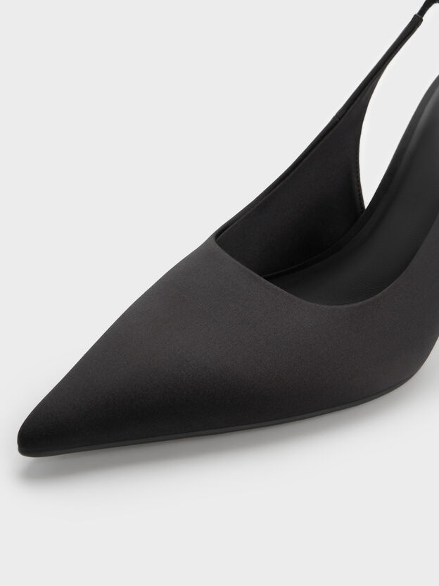Satin Crystal Ball-Heel Slingback Pumps, Black Textured, hi-res