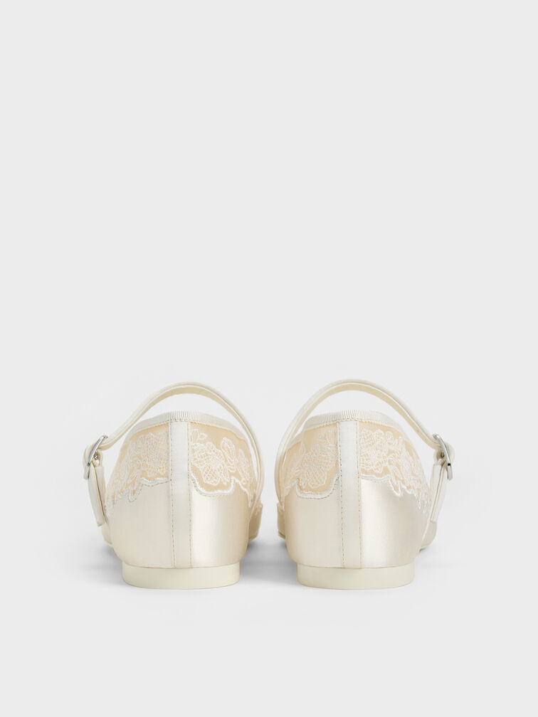 Satin Embroidered-Mesh Mary Jane Flats, White, hi-res