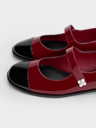 Patent Pearl-Embellished Flower-Buckle Cap-Toe Mary Janes, Maroon, hi-res