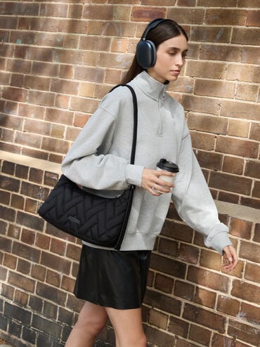 Nylon Chevron Shoulder Bag, Jet Black, hi-res