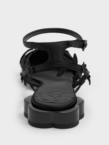 Floral-Vine Ankle-Strap Flats, Black Textured, hi-res