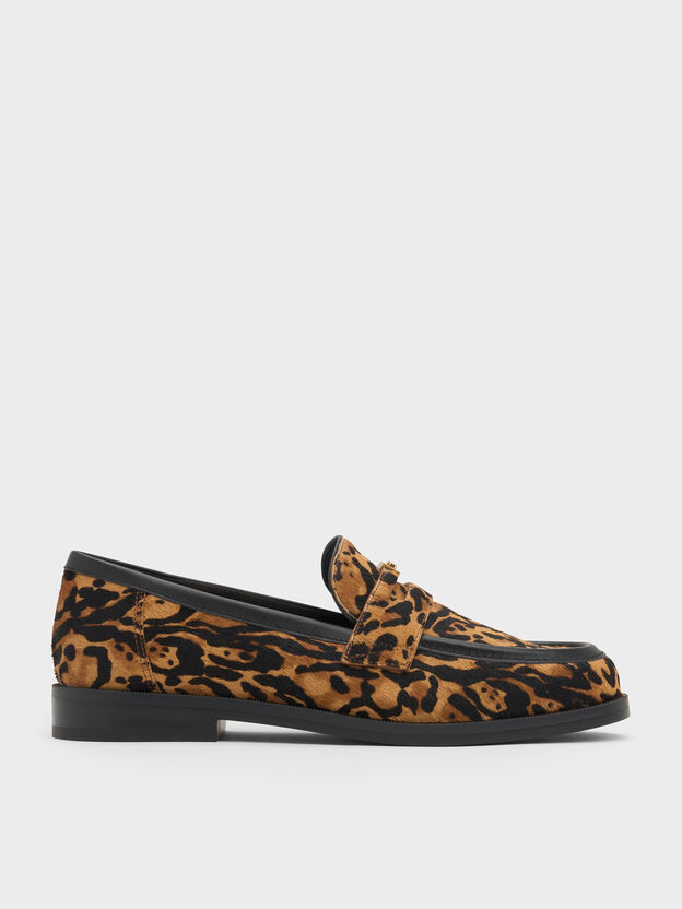 Georgina Calf Hair Leopard-Print Penny Loafers, Animal Print Brown, hi-res