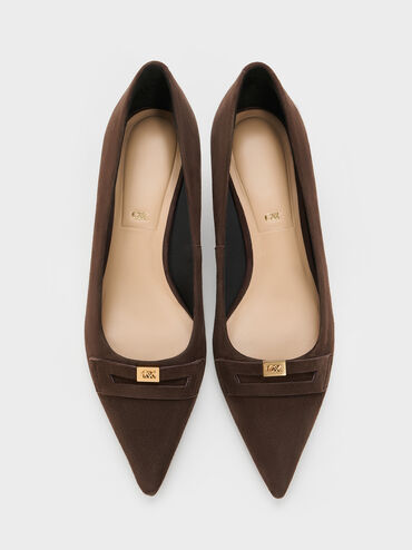 Georgina Suede Pointed-Toe Kitten-Heel Pumps, Dark Brown Textured, hi-res