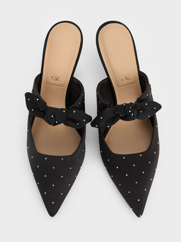 Jayce Dotted Knot-Bow Kitten-Heel Mules, Black Textured, hi-res
