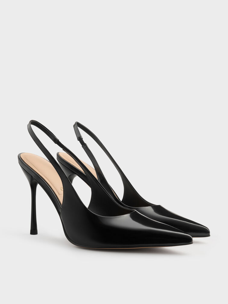 Leather Slingback Stiletto Pumps, Black Box, hi-res