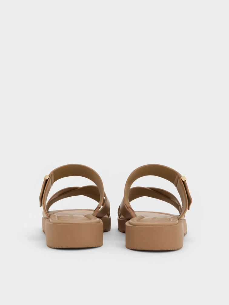 Metallic-Accent Crossover-Strap Slide Sandals, Taupe, hi-res