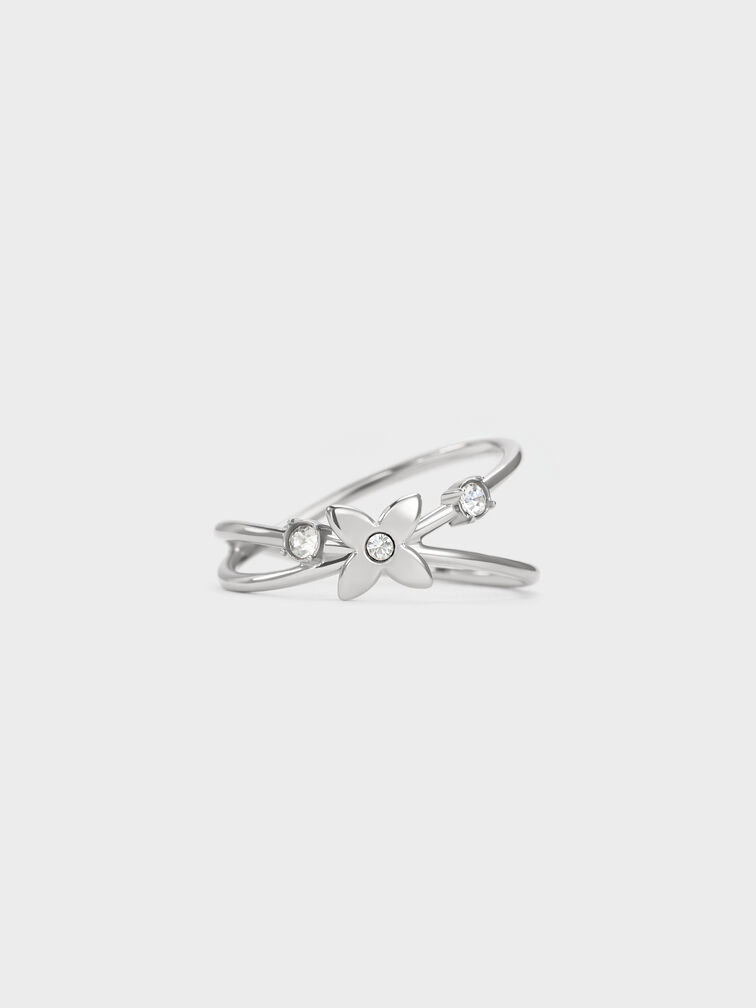 Felicity Flower-Motif Crystal Crossover Ring, Silver, hi-res