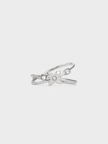 Felicity Flower-Motif Crystal Crossover Ring, Silver, hi-res