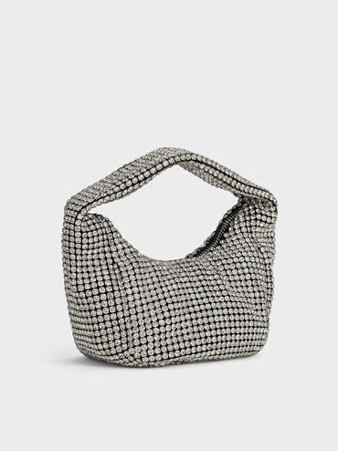 Crystal-Embellished Hobo Bag, Silver, hi-res