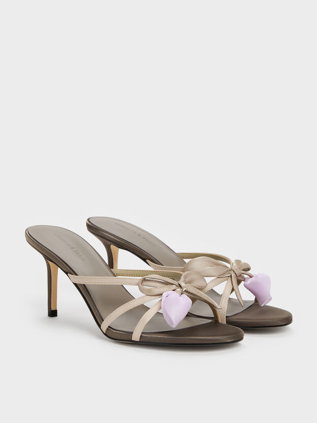 Bow Flower-Pearl Heeled Mules, Dark Brown Textured, hi-res