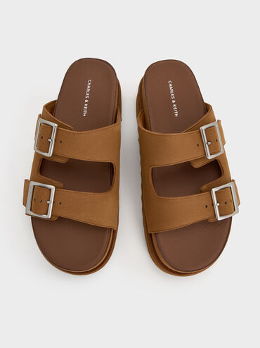Buckled Double-Strap Flatform Sandals, Brown, hi-res