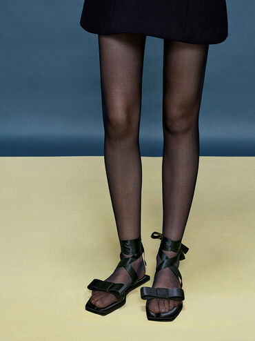 Satin Bow Tie-Around Flat Sandals, Black Textured, hi-res