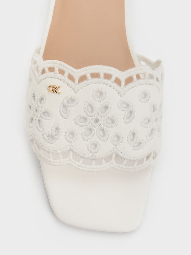 Leather Embroidered Slide Sandals, White, hi-res