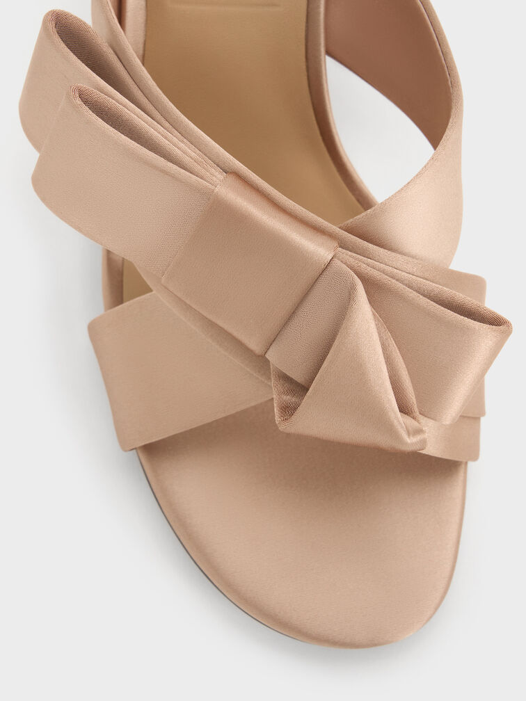 Pleated-Bow Heeled Mules, Nude, hi-res