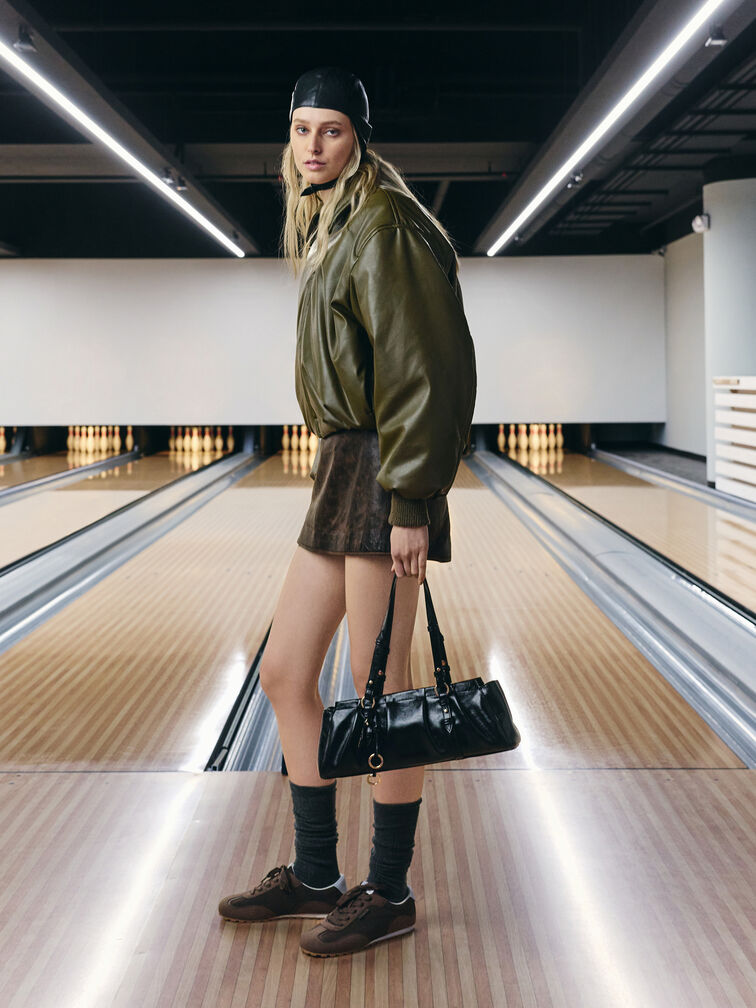 Britton Ruched Elongated Shoulder Bag, Black, hi-res