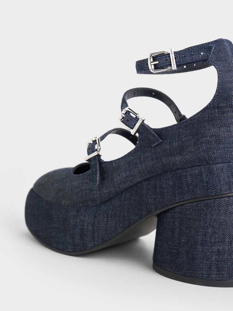 Luella Denim Triple-Strap Mary Jane Platform Pumps, Dark Blue Luella Denim Triple-Strap Mary Jane Platform Pumps, Dark Blue, hi-res