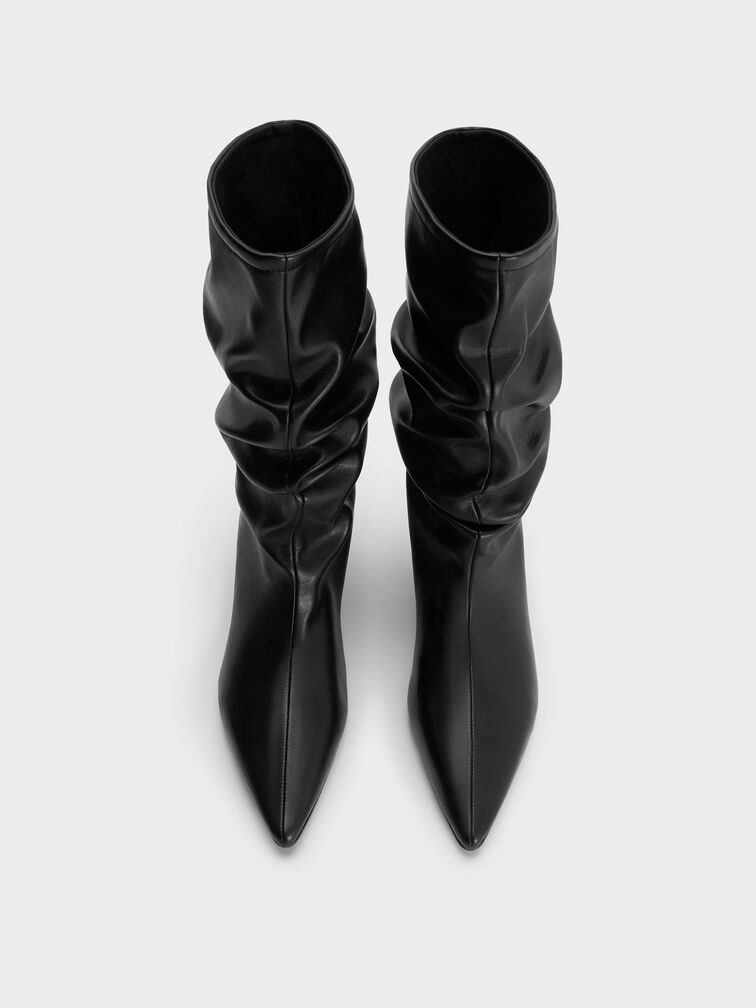 Ruched Kitten-Heel Calf Boots, Black, hi-res
