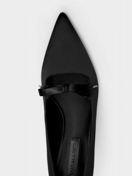 Venetia Satin Bow Pointed Pumps, Black Textured, hi-res