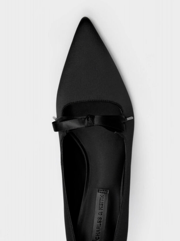 Venetia Satin Bow Pointed Pumps, Black Textured, hi-res