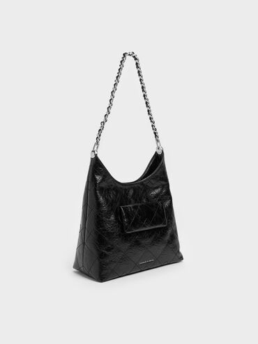 Duo Quilted Front-Pocket Chain Hobo Bag, Noir, hi-res