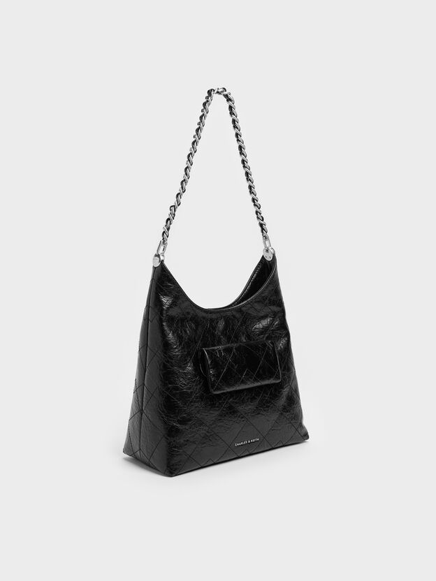 Duo Quilted Front-Pocket Chain Hobo Bag, Noir, hi-res
